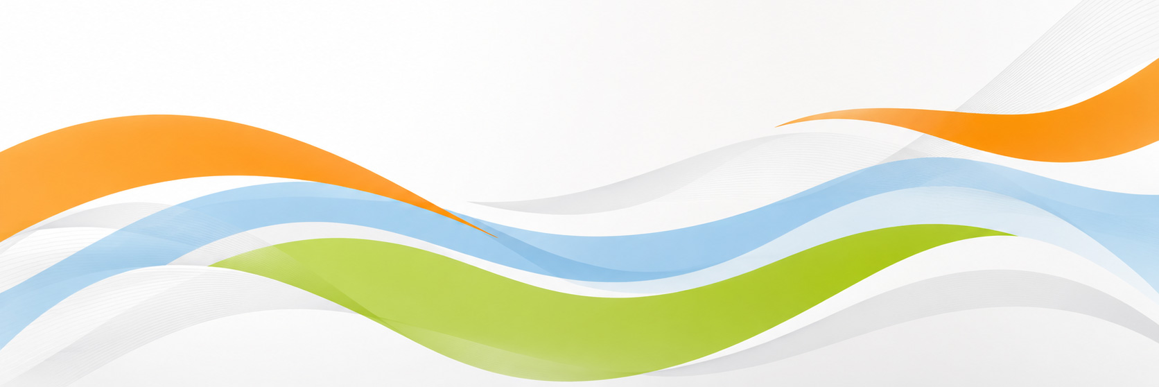 Abstract overlapping waves of orange, blue, and light green on a white background.