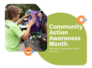 A graphic for Community Action Awareness Month showing a young volunteer packing a backpack into a car.