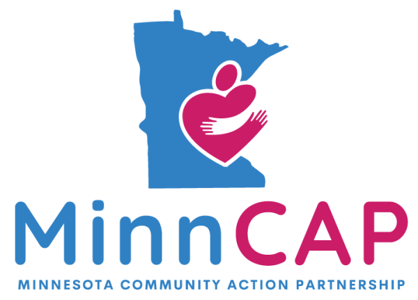 he logo for MinnCAP, featuring a blue outline of the state of Minnesota with a stylized pink heart and arms icon inside it, above the blue text "MinnCAP" and "MINNESOTA COMMUNITY ACTION PARTNERSHIP."